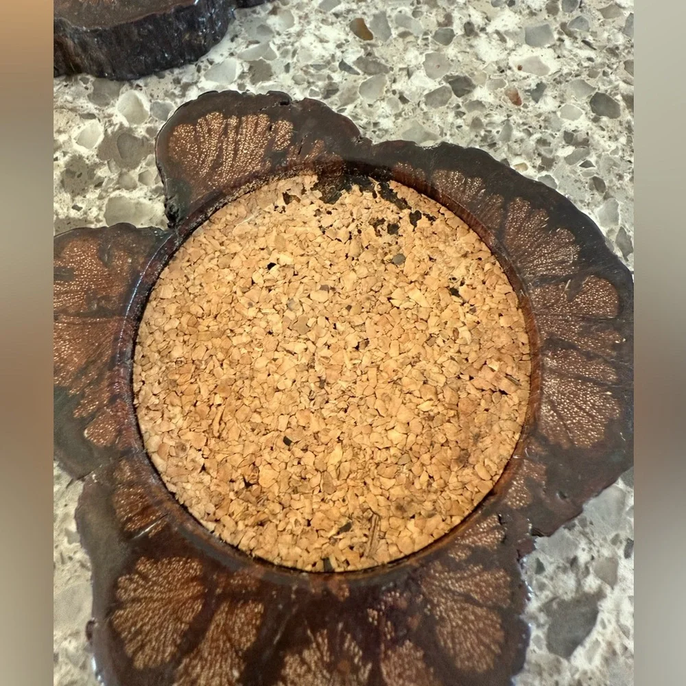 Vintage set of 4 MCM Coasters - Wood/Cork Chrysanthemum